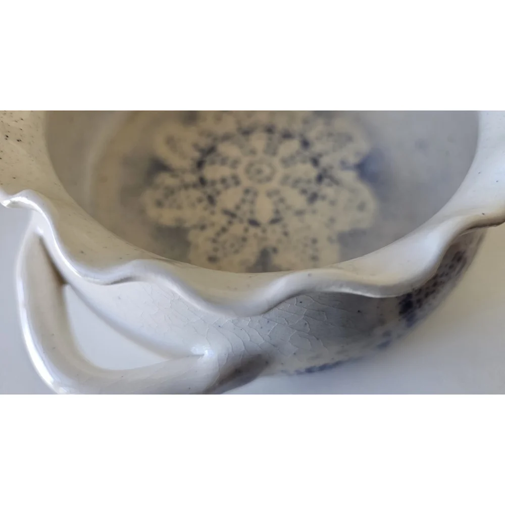 Ruffle Edge Artisan Ceramic Dish With Doily Impression Blue and White Design